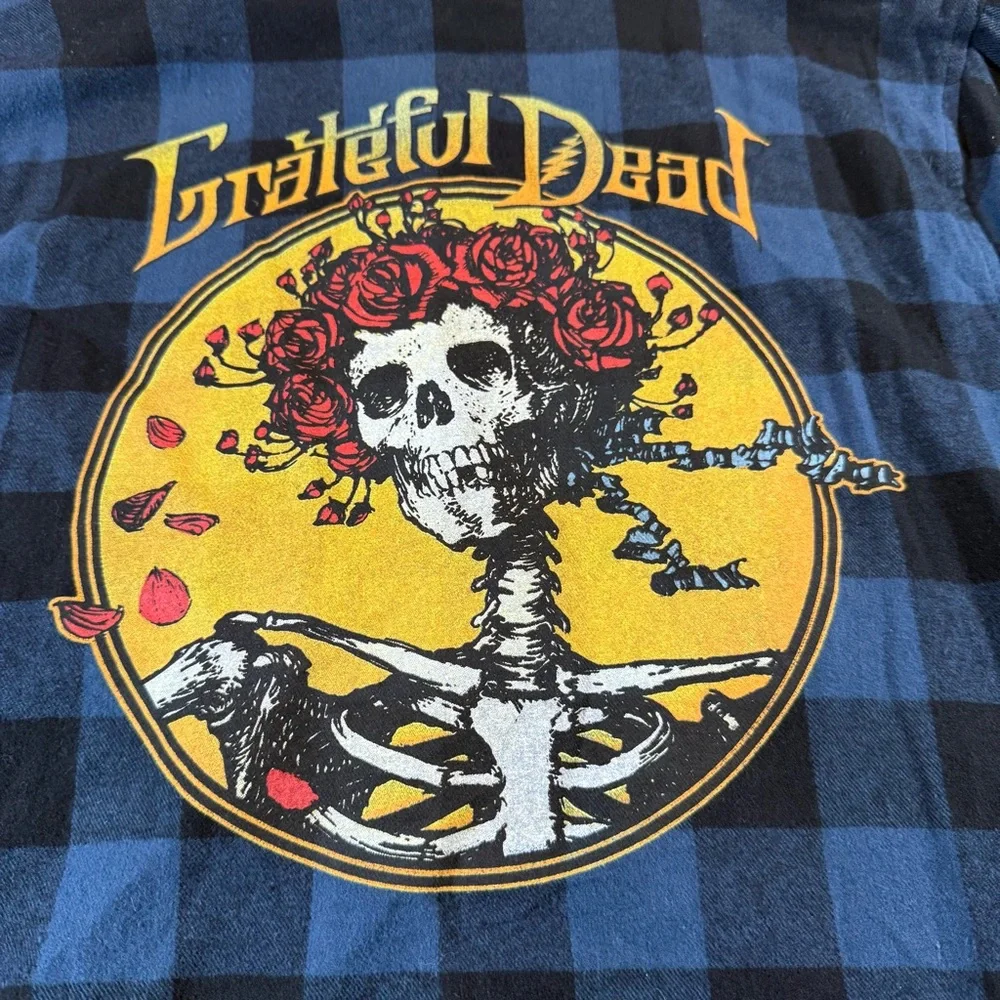 Grateful Dead Blue Plaid Flannel Shirt Skeleton Roses Graphic Womens Medium NWT - Picture 12 of 16